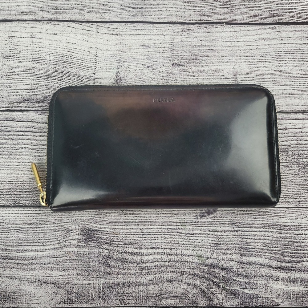 Furla Womens Dark Brown Polished Leather Zip Around Continental Wallet Italy